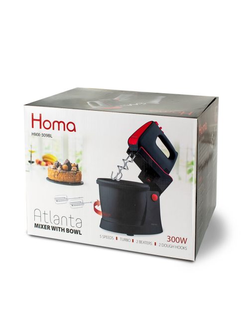 Ръчен миксер с купа Homa HMX-309BL, Atlanta, 300W, 2 бъркалки, 5 скорости, 2,5л купа, Черен/Червен - Код G8689